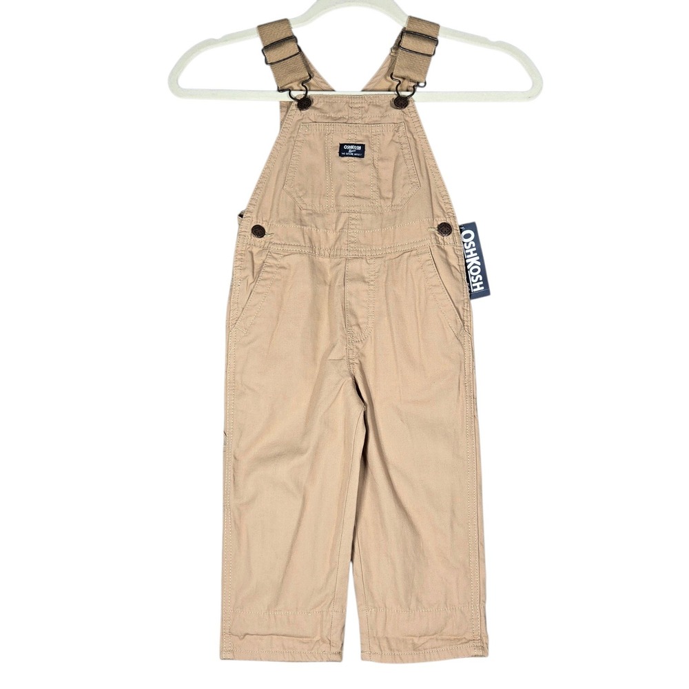 OshKosh B'gosh Canvas Overalls Toddler 2T Khaki Tan Carpenter Bibs NWT